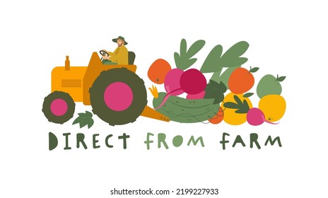 Direct from farm. Premium quality locally grown fruits. Organic food, gardening, farming sticker. Eco-friendly emblem for local vegetables production. Vector illustration isolated on white background