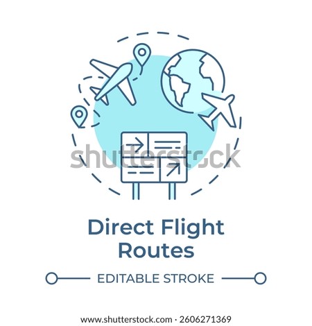 Direct flight routes soft blue concept icon. Aircraft trip, tourism. Travelling, journey. Round shape line illustration. Abstract idea. Graphic design. Easy to use in article, blog post