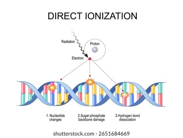 Ionização direta. Ação direta da radiação ionizante sobre o átomo e a molécula de DNA, causando danos estruturais, mutações ou morte celular.  Cartaz Vetor Detalhado