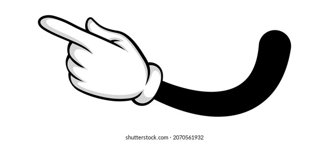 Direct to left, cartoon hand show right way. Comic hand in glove. Gesture arm artwork, pointing left, clipart forefinger gloved, vector illustration