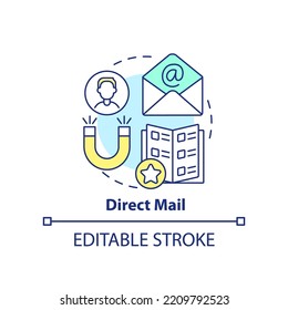 Direct mail concept icon. Letters with personal offer. Type of target marketing abstract idea thin line illustration. Isolated outline drawing. Editable stroke. Arial, Myriad Pro-Bold fonts used