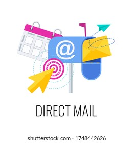 Direct mail icon. Outbound, inbound marketing. Envelope is in mailbox. Message in mail. Strategy, management and marketing. Flat vector illustration.