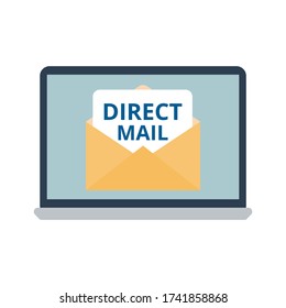 Direct mail marketing vector. Marketing and business concept. Email on laptop screen. Flat design on white background.