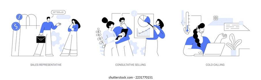 Direct marketing abstract concept vector illustration set. Sales representative, consultative selling, cold calling, salesman coaching, reaching customer, telemarketing abstract metaphor.