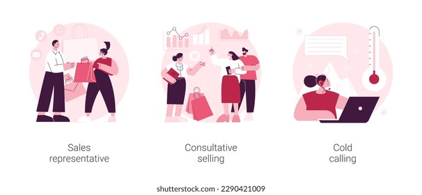 Direct marketing abstract concept vector illustration set. Sales representative, consultative selling, cold calling, salesman coaching, reaching customer, telemarketing abstract metaphor.