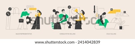 Direct marketing abstract concept vector illustration set. Sales representative, consultative selling, cold calling, salesman coaching, reaching customer, telemarketing abstract metaphor.