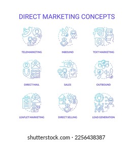 Direct marketing blue gradient concept icons set. Strategy of individual sales. Business idea thin line color illustrations. Isolated symbols. Roboto-Medium, Myriad Pro-Bold fonts used
