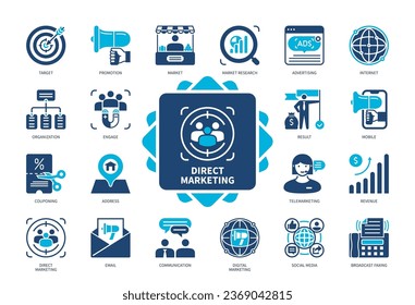 Direct Marketing icon set. Internet, Address, Broadcast Faxing, Revenue, Mobile, Advertising, Market Research, Email. Duotone color solid icons