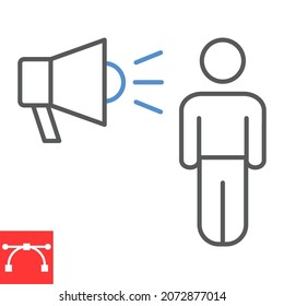 Direct marketing line icon, megaphone and person, direct marketing vector icon, vector graphics, editable stroke outline sign, eps 10.