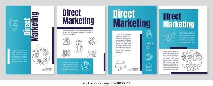 Direct marketing strategy blue brochure template. Advertisement. Leaflet design with linear icons. Editable 4 vector layouts for presentation, annual reports. Anton, Lato-Regular fonts used