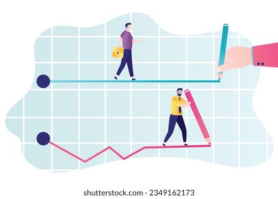 Direct path to success with help of business coach or mentor and winding path to success on your own. Businessmen walking various paths to goals - short and long ways to target and profit. flat vector