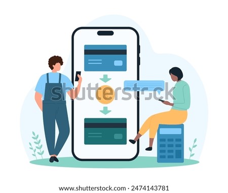 Direct payment between two credit cards in mobile app, bank transaction, fintech platform. Tiny people transfer and pay, send and receive money with big smartphone cartoon vector illustration