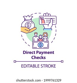 Icono de concepto de cheques de pago directo. Depósito de fondos electrónicamente en la ilustración de la idea de cuenta bancaria en línea delgada. Pagos y reembolsos de impuestos. Dibujo de color RGB con contorno aislado del vector. Trazo editable