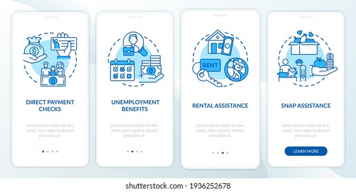 Direct Payment Checks Onboarding Mobile App Page Screen With Concepts. Covid Relief Package Benefits Walkthrough 4 Steps Graphic Instructions. UI Vector Template With RGB Color Illustrations