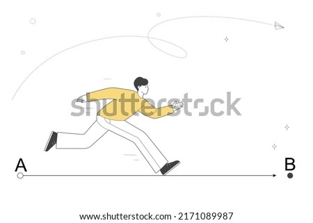 Direct road from point A to point B. Direct and easy way to goal. Person hurries to point B. Outline illustration