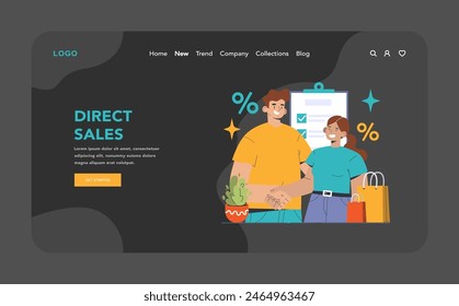 Direct sales dark or night mode web, landing. Man and woman finalize a deal, sealing with a handshake. Personalized offers, exclusive discounts, shopping satisfaction. Flat vector illustration