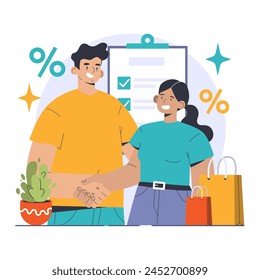 Dinámica de ventas directas. Hombre y mujer finalizan un trato, sellando con un apretón de manos. Ofertas personalizadas, descuentos exclusivos, satisfacción de compras. Dos maletas, Acuerdo limpio. Ilustración vectorial plana