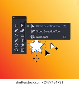 Direct Selection Tool in program for vector graphics. Group and lasso tools. Illustration of toolbar