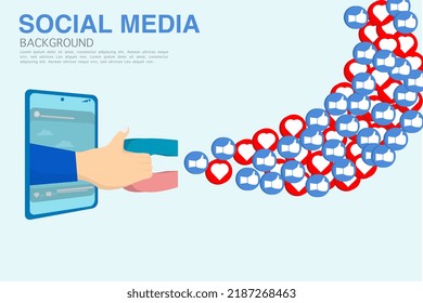 Direct social magnet digital telephone and media marketing, magnet attracts likes and love, drags customers by magnetic field in one simple illustration, popularity concept, social media illustration