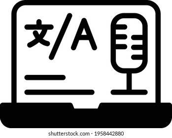 Direct Speech Translator Concept, Voice Conversion Vector Glyph Icon Design, Language Translation symbol on white background, Dub localization stock illustration, Laptop with Audio Mic Sign