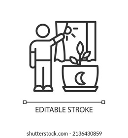 Direct sunlight linear icon. Indoor houseplant care. Daylight for plants. Indoor plants correct light. Thin line illustration. Contour symbol. Vector outline drawing. Editable stroke. Arial font used