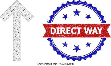 Direct Way scratched stamp, and up direction arrow icon mesh model. Red and blue bicolored stamp contains Direct Way caption inside ribbon and rosette. Abstract 2d mesh up direction arrow,