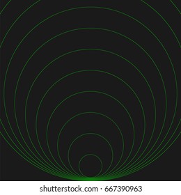 Directed concentric waves. Radio signal, sound wave, radar or sonar. Green circles on a black background. Vector illustration. Visual display of the signal extension.