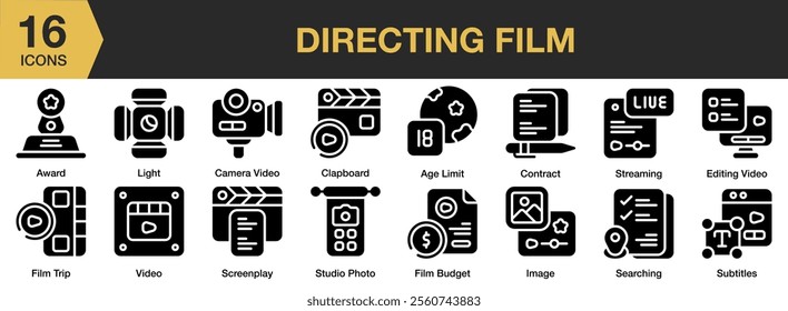 Directing Film solid icon set. Includes clapboard, camera, streaming, image, searching, and More. Solid icons vector collection.