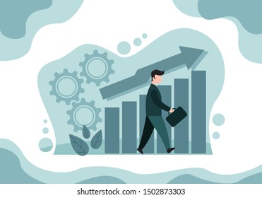 Directing way of success, progress conceptual. Vector Illustration. Business success moving forward leadership concept. Businessman running on arrow of success raised by giant hand of leader. 