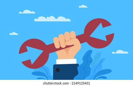 Direction adjustment. Hand holding red arrows, search successful way, change business strategy, managing development and goals of company, problem solving. Vector cartoon flat concept