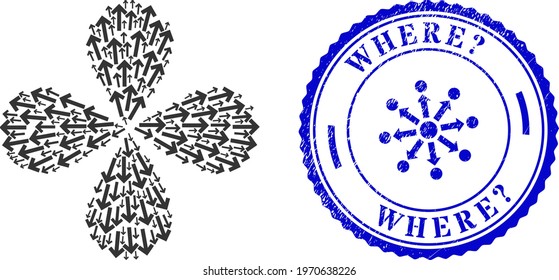 Direction arrow centrifugal flower with four petals, and blue round WHERE Question. rough stamp imitation with icon inside. Object flower with 4 petals done from oriented direction arrow symbols.