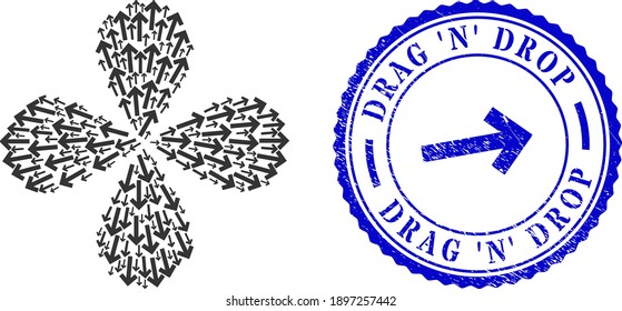 Rotura del borde de la flecha de dirección y impresión del sello de textura DRAG 'N' DROP redondeada azul con un icono dentro. Flor de elemento con 4 pétalos hechos a partir de símbolos de flecha de dirección orientada.