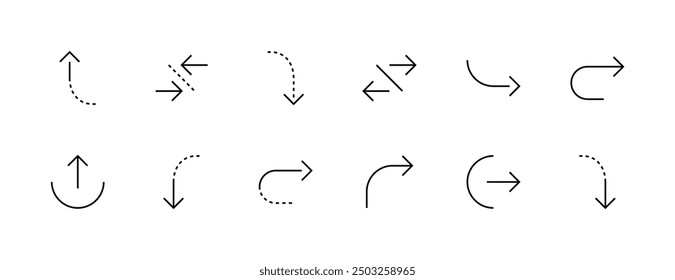 Richtung- und Pfeilsymbol-Sammlung. Richtungspfeile, nach rechts gekrümmt, Navigation, nach unten, nach oben, Indikator, Aufschwung und mehr.