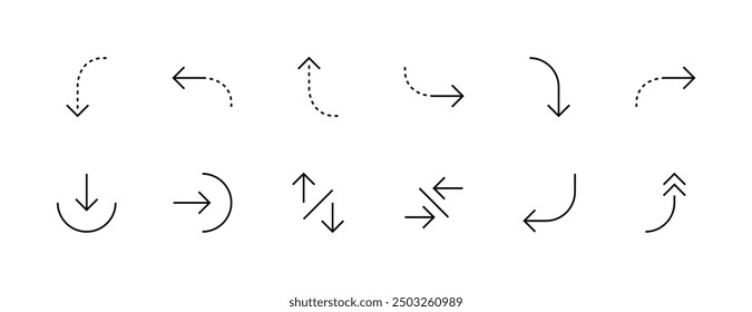 Direction and Arrow icon collection. Direction arrows, right curved, navigation, downward, upward, indicator, downturn and more. Editable stroke. Pixel Perfect.