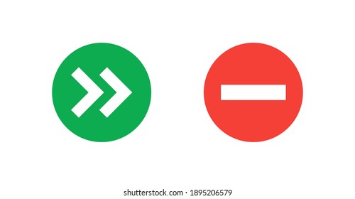 Direction arrow icon and no passage icon. Green and red. Simple flat style. Vector illustration