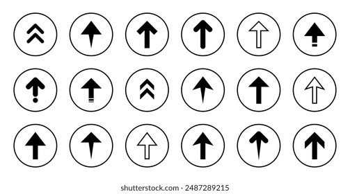 Up direction arrow icon set collection on circle line. Upward sign symbol