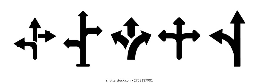 Direction Arrow Icon Set – Three Way Road Sign, Decision Navigation Vector
