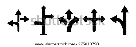 Direction Arrow Icon Set – Three Way Road Sign, Decision Navigation Vector