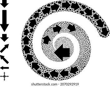 Direction arrow icon spiral stream composition. Direction arrow icons are grouped into whirlpool mosaic structure. Element whirlpool is designed from scattered direction arrow items.