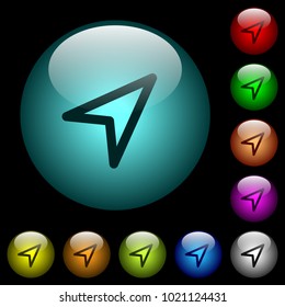 Direction arrow icons in color illuminated spherical glass buttons on black background. Can be used to black or dark templates