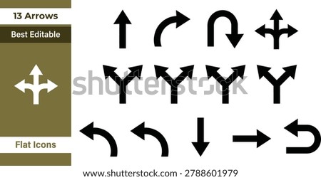 Direction arrow icons set — flat solid collection with up, down, turn, u-turn, split, fork, curved, three-way and four-way navigation symbols