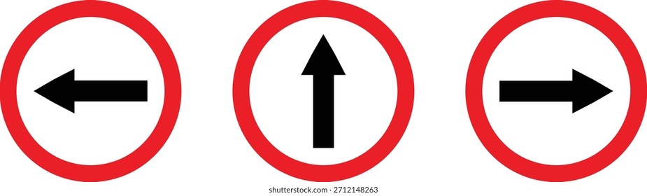 Direction Arrow Icons Set Left, Up and Right Red Circle Traffic Sign Vector