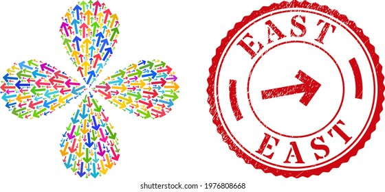Direction arrow multi colored explosion abstract flower, and red round EAST rough stamp print. Direction arrow symbol inside round rubber print.