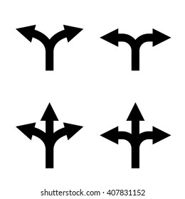 direction arrow sign set. uncertainty choice. unknown direction. two and three way arrow symbol. double and triple arrows. isolated on white background. vector illustration