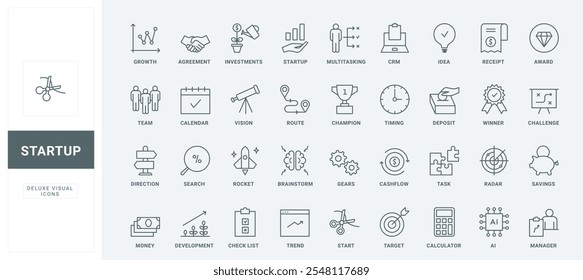 Flecha de dirección para el éxito y el desarrollo, bombilla, idea de rompecabezas y tendencias, depósito de ahorros e inversión delgada Ilustración vectorial de símbolos de contorno negro. Conjunto de iconos de línea de inicio de negocio.