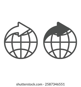 Direction arrow with world globe line and solid icon, delivery concept. Vector graphics. Planet and address sign on white background, outline style icon for mobile or web design