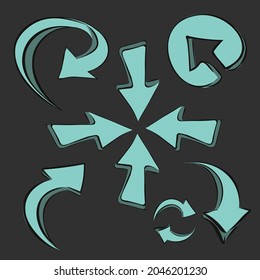 Flechas de dirección. Imágenes luminosas y con contorno. Juego de flechas para sitios y juegos. Etiquetas de etiquetas de etiquetas conjunto colección, marco, etiqueta adhesiva, etiqueta de precio. Objetos vectoriales aislados.