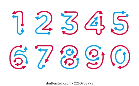 Direction arrows design from numbers. Latin alphabet numbers from 1 to 0. Logo, corporate identity, app, creative poster and more.