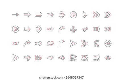 Setas de direção, sinal de navegação digital à direita, virar e descer, conjunto de ícones de linha de frente. Setas de botão embalar com forma oca, deslizar e próxima página fina símbolos preto e vermelho ilustração de vetor