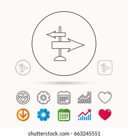 Direction arrows icon. Destination way sign. Travel guide symbol. Calendar, Graph chart and Cogwheel signs. Download and Heart love linear web icons. Vector